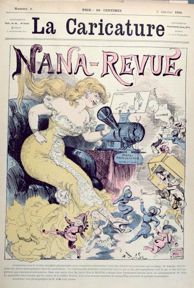 1880年1月3日の「La Caricature」からのエミールゾラの作品のカリカチュアとリアリズム小説「Nana-Revue」 作： Albert Robida